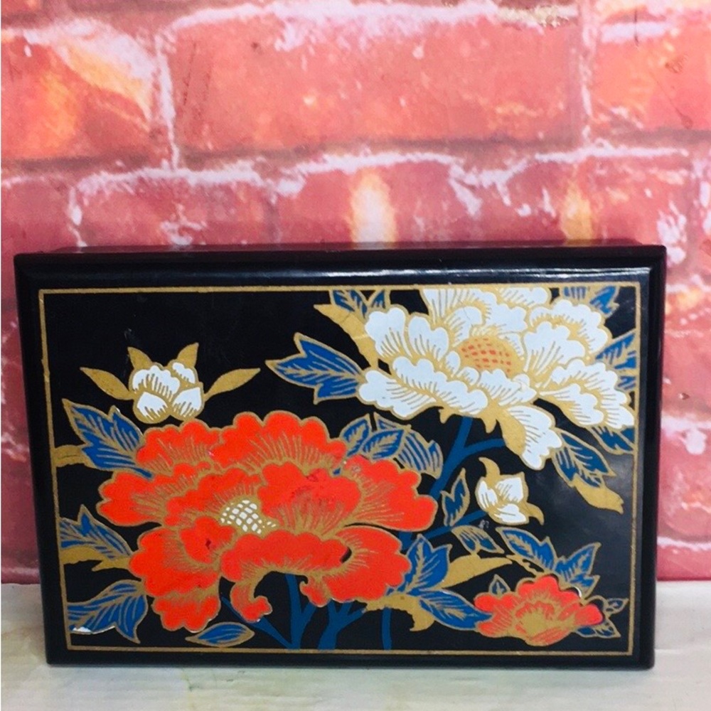 Vintage Black Japanese Style Colorful Hand Painted Hard Plastic Jewelry
Box